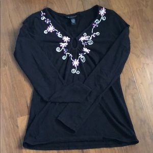 Black Long-Sleeve Top with Pink/ White Embroidery